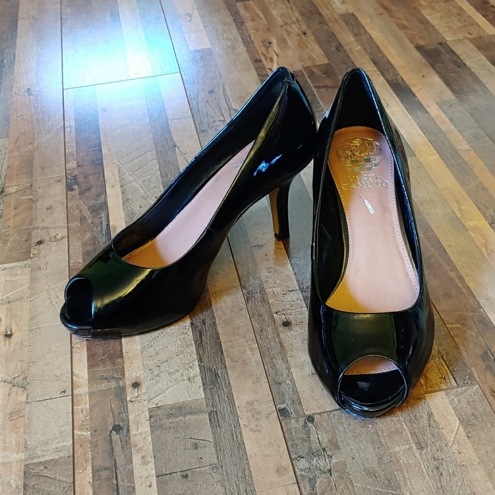 Vince Camuto Black Patent Leather Peep Toe Pumps